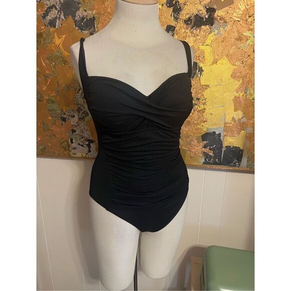 La Blanca One Piece Shirred Front Black Bathing Suit 16 - Picture 1 of 6